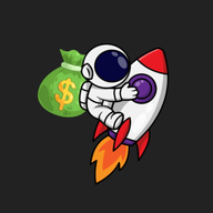 Logo van Financieel Gewin: astronaut op een raket met een zak geld